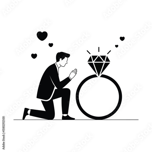 Man in suit kneeling proposing with diamond ring and hearts