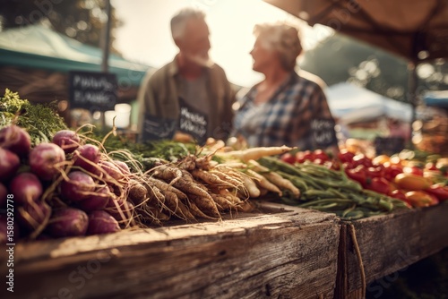 Elderly caucasian couple shopping at farmers market with fresh vegetables in rustic setting