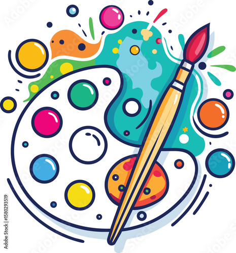 Vector art of a colorful art palette with a paintbrush and paint splatters creates a vibrant and creative image
