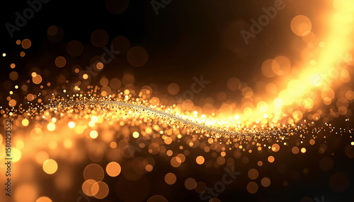 Radiant golden particles in fluid motion, illuminated against a dark backdrop.