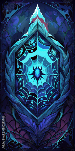 A blue and purple gothic window with a spiderweb and a jewel spider in the center of the web