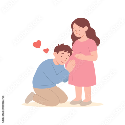 Happy couple expecting a baby. Husband listening to pregnant wife’s belly with love and care. Future mom. Family and pregnancy concept in flat cartoon style. Vector illustration isolated on white.