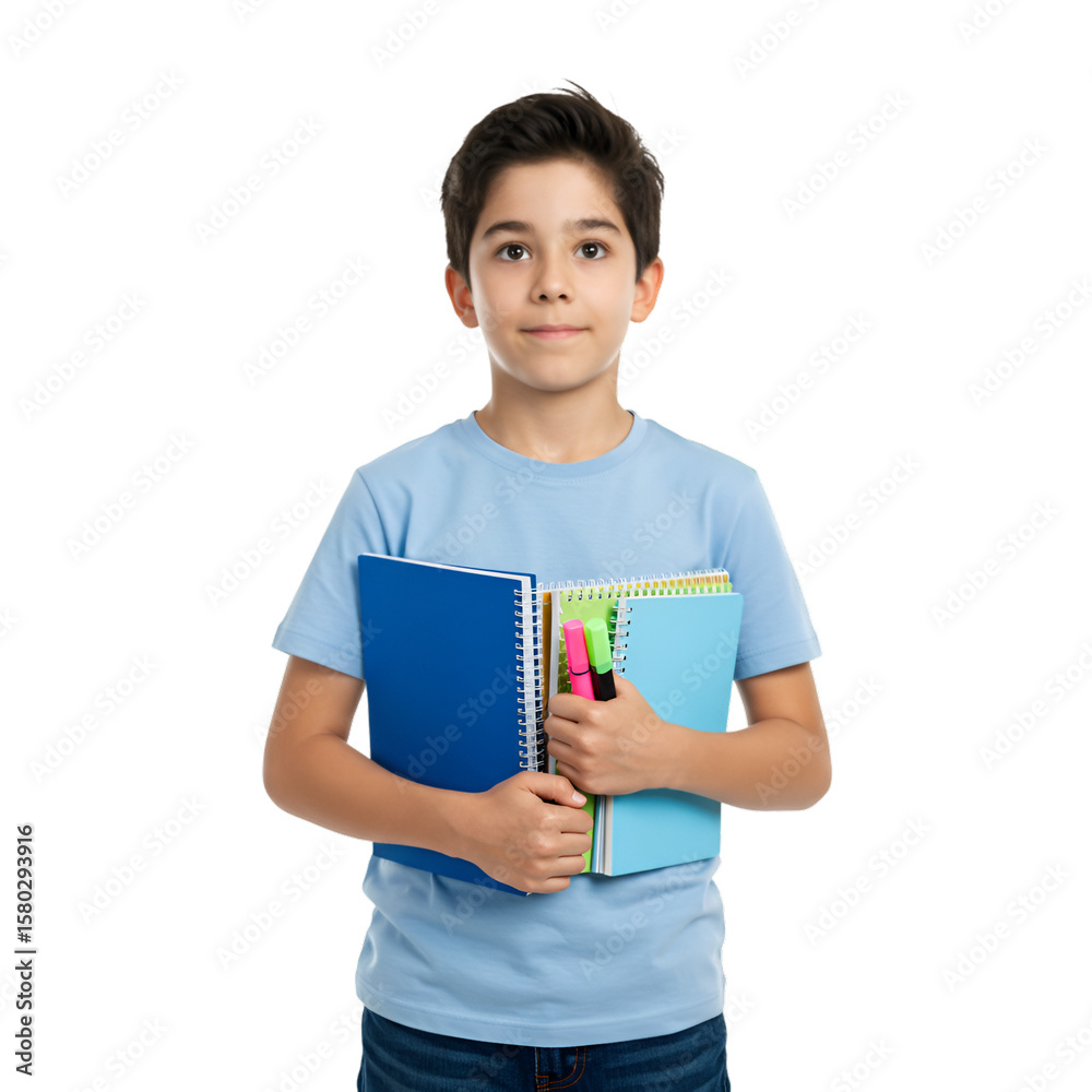 Schoolboy Holding Books Wearing Blue T-Shirt Isolated In Transparent Background Schoolboy Holding Books Wearing Blue T-Shirt Isolated In Transparent Background