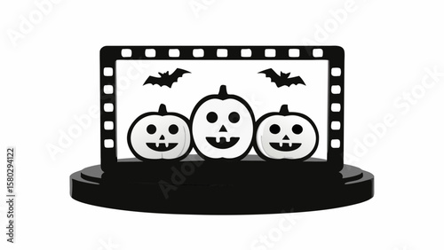 Three pumpkins and two bats displayed within a film strip frame on a circular black base stand