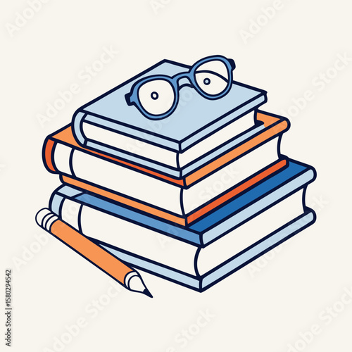 Illustration of a stack of books with glasses and a pencil