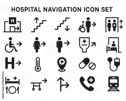 Flat Hospital Navigation Icon Set – Editable Healthcare Wayfinding Vectors