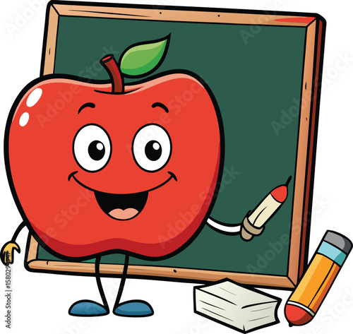 Vector art of a cheerful cartoon apple character is teaching with a pencil in front of a chalkboard
