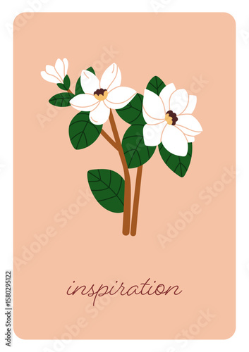 Floral card design with magnolia blossoms. Spring blooms on branches with lea...
