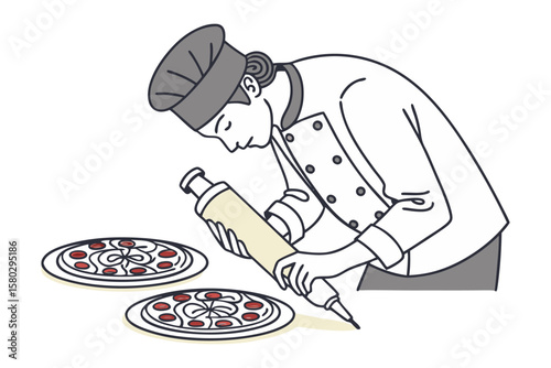 Skilled chef artfully decorates pizzas with precision using a piping bag for culinary presentation