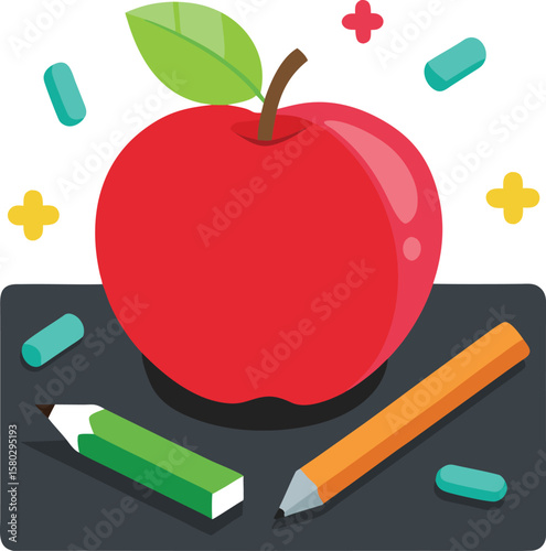 Vector art of a vibrant apple and pencils arranged on a dark surface with math symbols
