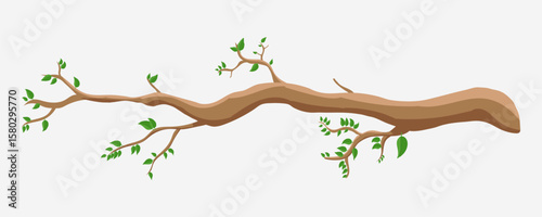 Tree Branch with Green Leaves Flat Illustration