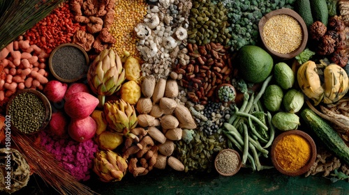 A rainbow of colorful raw materials and fruits and vegetables arranged in a color wheel. A Variety of Healthy Foods