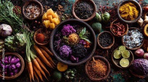A rainbow of colorful raw materials and fruits and vegetables arranged in a color wheel. A Variety of Healthy Foods