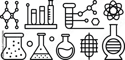 set of laboratory glassware and equipment vector icons for science and research