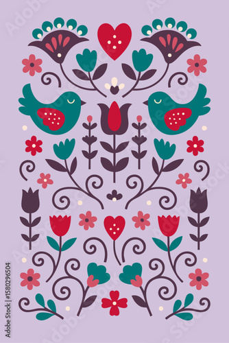 Folk floral illustration with tulips and vines.
