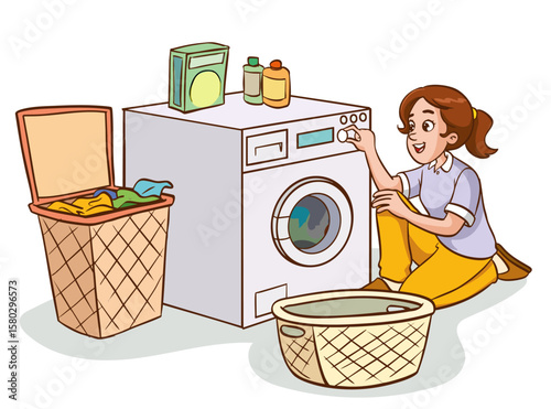 woman doing laundry. Young woman throws dirty laundry into the washing machine. Cleaning and hygiene, routine and household chores. House cleaning and housework. Cartoon flat vector illustration