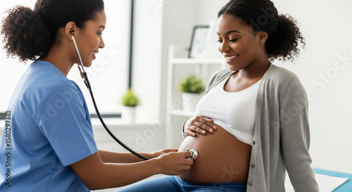 African American nurse examines pregnant woman with stethoscope. Prenatal care.
