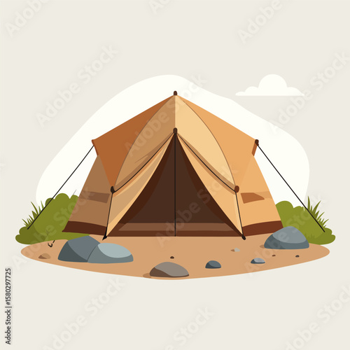 A cartoon illustration of a camping tent set up in the great outdoors, surrounded by rocks, grass, and a simple cloud in the background, perfect for outdoor adventure.