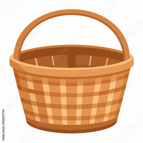 Isolated illustration of a light brown woven basket with a handle, perfect for use in designs needing a rustic, farmhouse, or country theme.