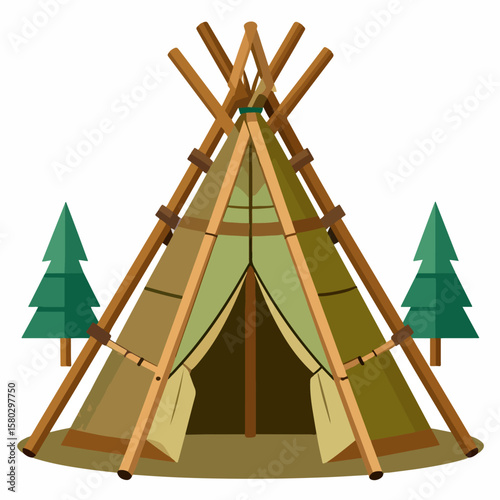 A charming cartoon illustration of a traditional teepee tent nestled between two evergreen trees, evoking a sense of outdoor adventure and camping in nature.