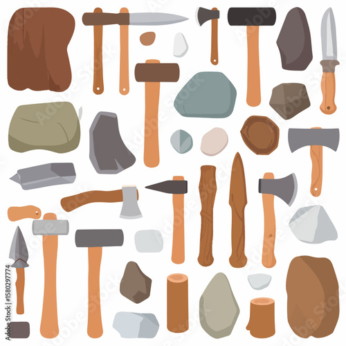 A flat vector illustration showcases a collection of stone age tools including axes, hammers, knives, spearheads, and rocks, depicted in simple, cartoonish style.