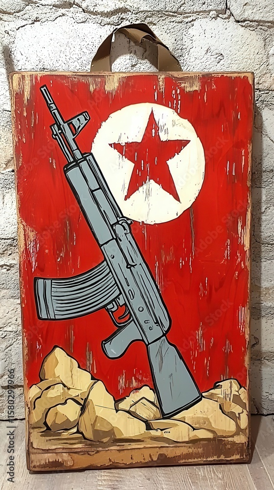 Naklejka premium Stylized Assault Rifle on Distressed Wood Panel with Red Star Emblem