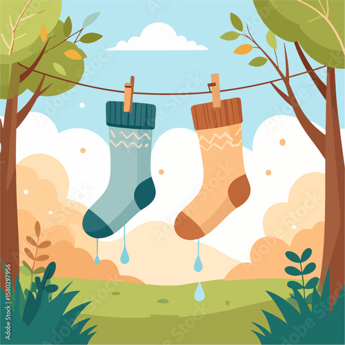 Whimsical illustration of two colorful wool socks, blue and brown, hanging to dry on a clothesline strung between trees in a serene outdoor setting.