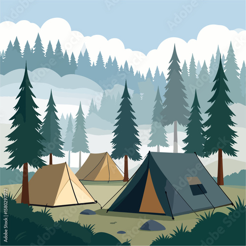 Serene camping scene featuring three tents nestled amongst tall pine trees, with a soft, misty mountain backdrop in a modern, flat design style.