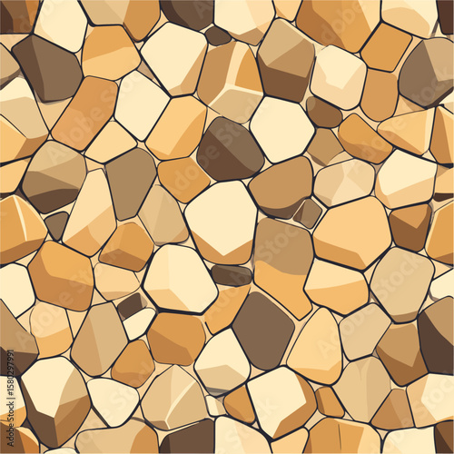 A stylized vector graphic depicts a close-up of an irregular stone wall texture, showcasing earthy tones with beige, brown, and tan hues and smooth black line art.
