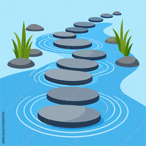 A serene cartoon illustration of stepping stones crossing a gentle stream, surrounded by reeds and smooth rocks under a bright blue sky, conveying peace and tranquility.