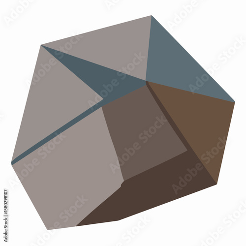 An abstract geometric shape, a polyhedron with brown, grey and blue facets isolated on white, useful for graphic design or as a background.