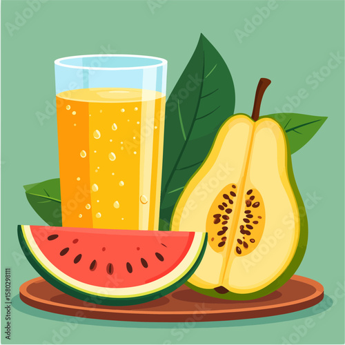 Illustrated still life composition featuring a glass of orange juice, a slice of watermelon, and a halved papaya on a brown plate, adorned with leaves against a green background.