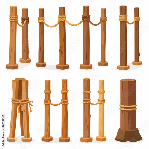 Set of vector cartoon illustration elements of wooden pillars or posts with ropes, isolated on white background, used as barrier, fence, decor, or stage props.