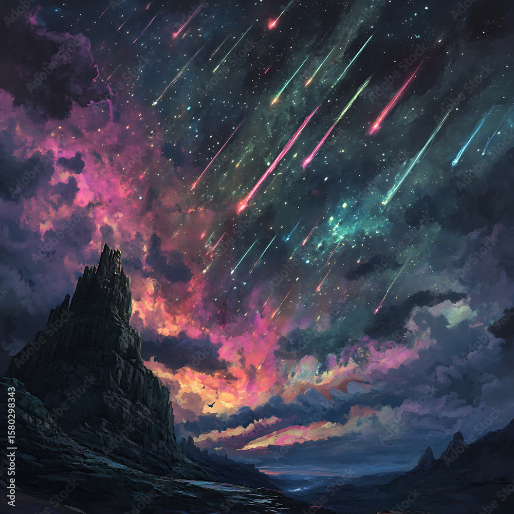 Fototapeta premium A fantastical sky cutting through the darkness with streaks of neon meteor showers(2)