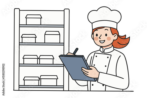 Smiling chef in uniform inspecting food storage shelves with labeled boxes and taking notes on a clipboard