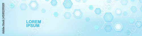 Health care or medical abstract background with hexagons, lines and dots. Scientific innovation banner template concept. Biology and pharmaceutical technology background. Vector illustration.