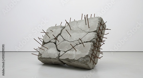 A large fractured concrete block with rusty rebar protruding from its surfaces displayed in a sterile gallery space