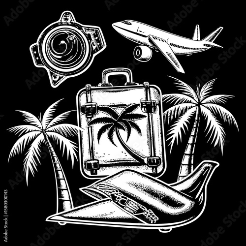 Vector flat icons of suitcase, airplane, beach, map, travel gear, sun, passport, palm tree, tourism concept