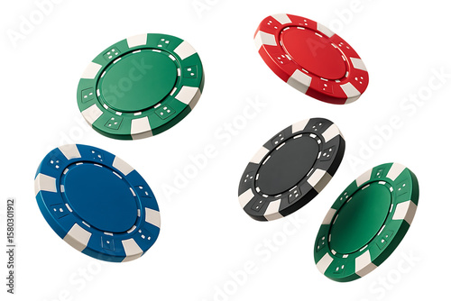 Collection of colorful casino poker chips floating in the air isolated on transparent background