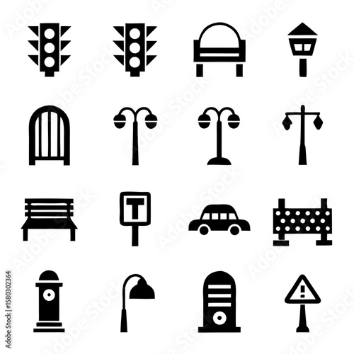 City Street Icon Set – Traffic Lights, Taxi, Bench, Mailbox & Street Lamp in Flat Colorful Vector Style for Urban Design, Apps & Wayfinding