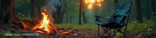 Cozy Camping Relaxation Low Angle Shot of Campfire, Comfortable Chair, and Serene Nature Setting, Perfect for Outdoor Adventures and Relaxation.