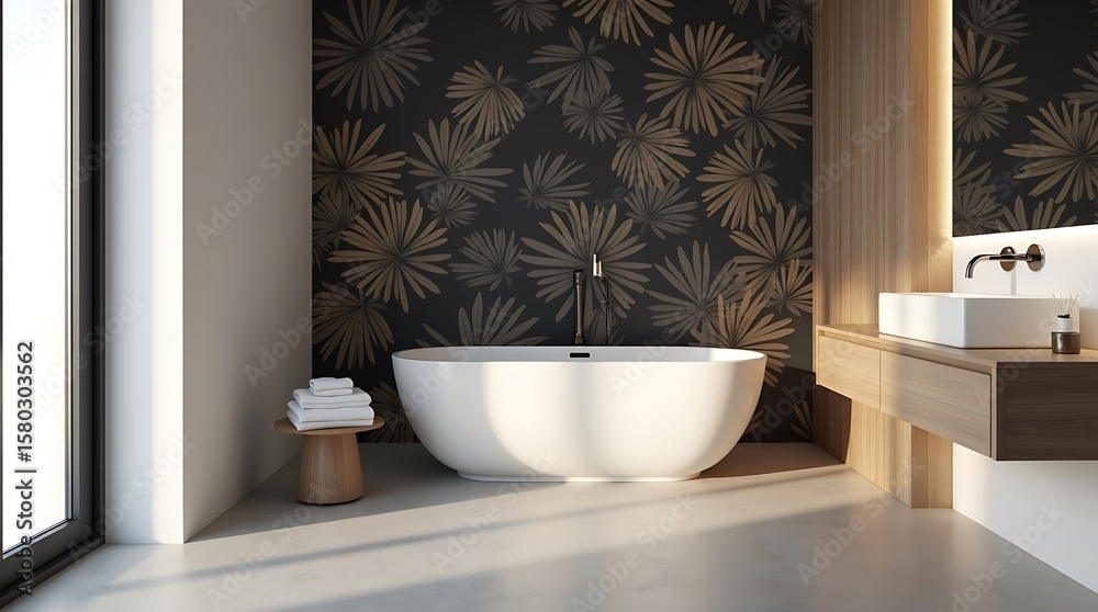 Fototapeta premium Chic bathroom with a patterned accent wall and a white bathtub