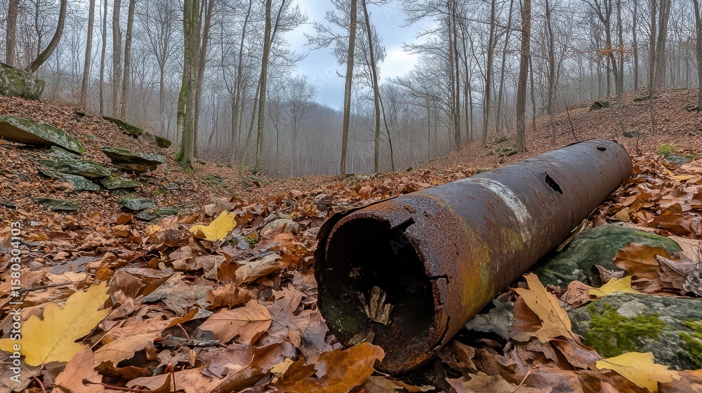 Abandoned Rusty Pipe Surrounded by Autumn Leaves in a Forest Landscape Abandoned Rusty Pipe Surrounded by Autumn Leaves in a Forest Landscape