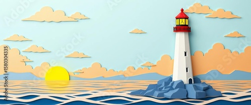 Serene paper-cut lighthouse sunset, calm waves, whimsical clouds,  dusk,  vector