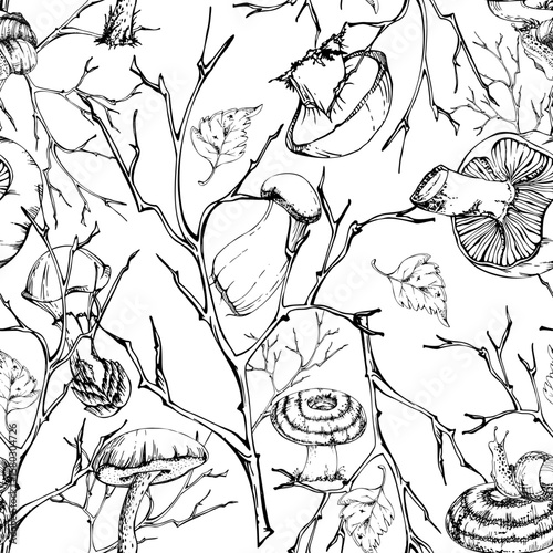 Bolete cep russula suillus milk-cap striped mushroom, fallen autumn leaves snails. Fungi nature seamless pattern hand drawn in vector ink. Brambles, twisting branches twigs. Fabric linens wallpaper