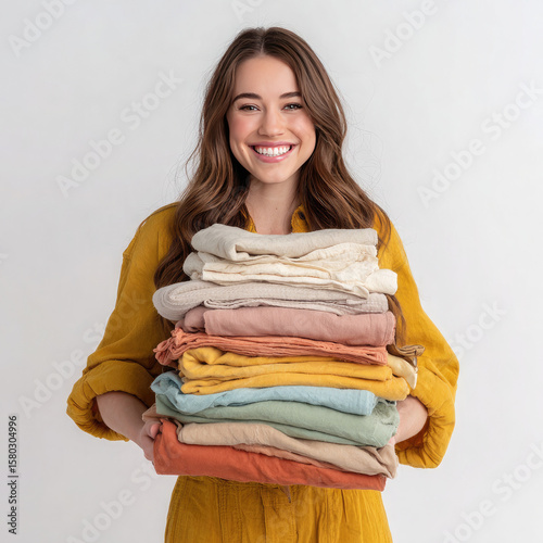 Smiling woman in yellow shirt holding a stack of folded colorful clothes against a white background