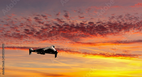 Shahed drone flying in the sunset sky