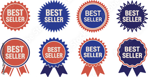 Vector art of collection of best seller award badges in blue and red