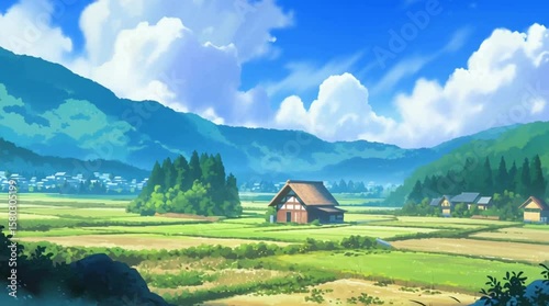 アニメーション風に描かれた日本の夏の田園風景イラスト｜緑の水田と青い空に浮かぶ雲が印象的｜懐かしさと郷愁を感じる風景背景素材として使える美しい画像
