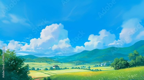 日本の夏の田園風景をアニメ調で描いた幻想的なイラスト素材｜青空と入道雲が広がる自然豊かな山里｜懐かしくも美しい緑の風景と光のコントラストが魅力的な背景画像
